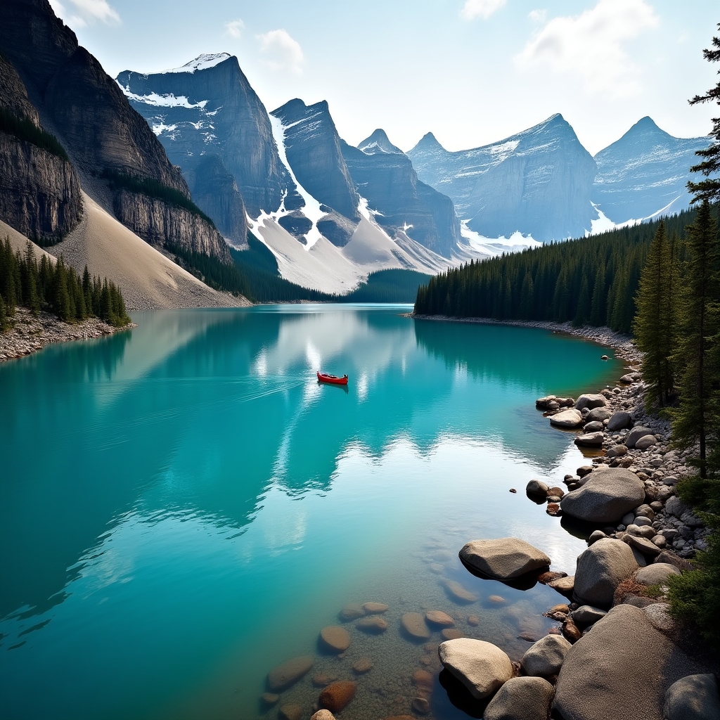 Moraine Lake in Banff National Park surrounded by snow-capped mountains