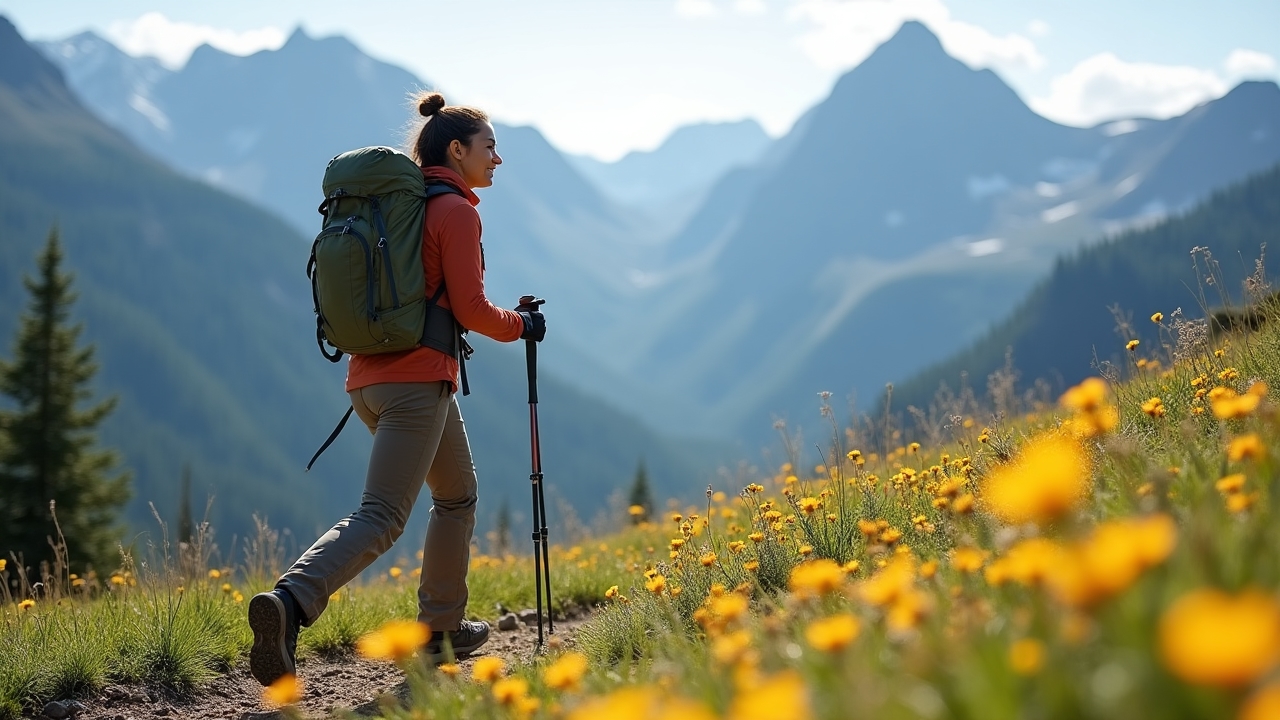 Hiker on the Skyline Trail in Jasper with mountain panorama