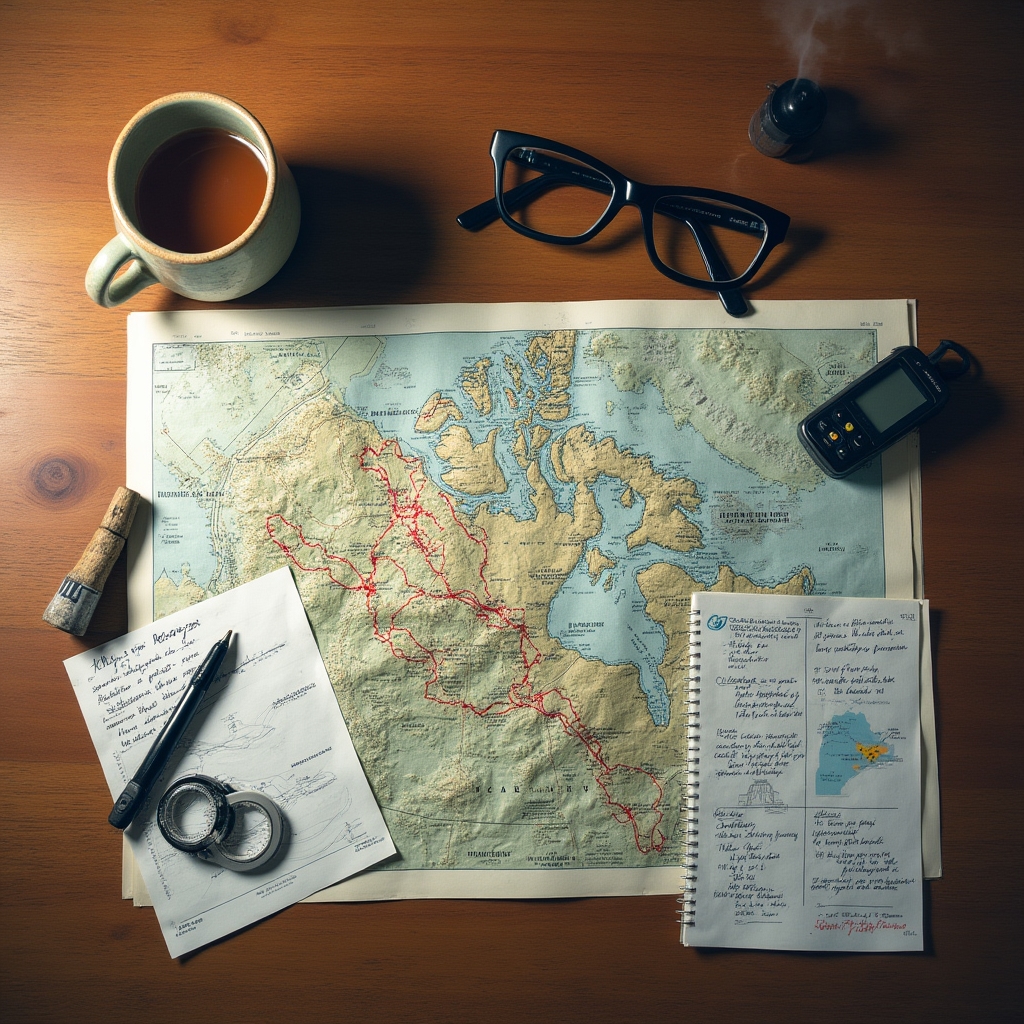 Hiker studying a topographic map with compass on a wooden table